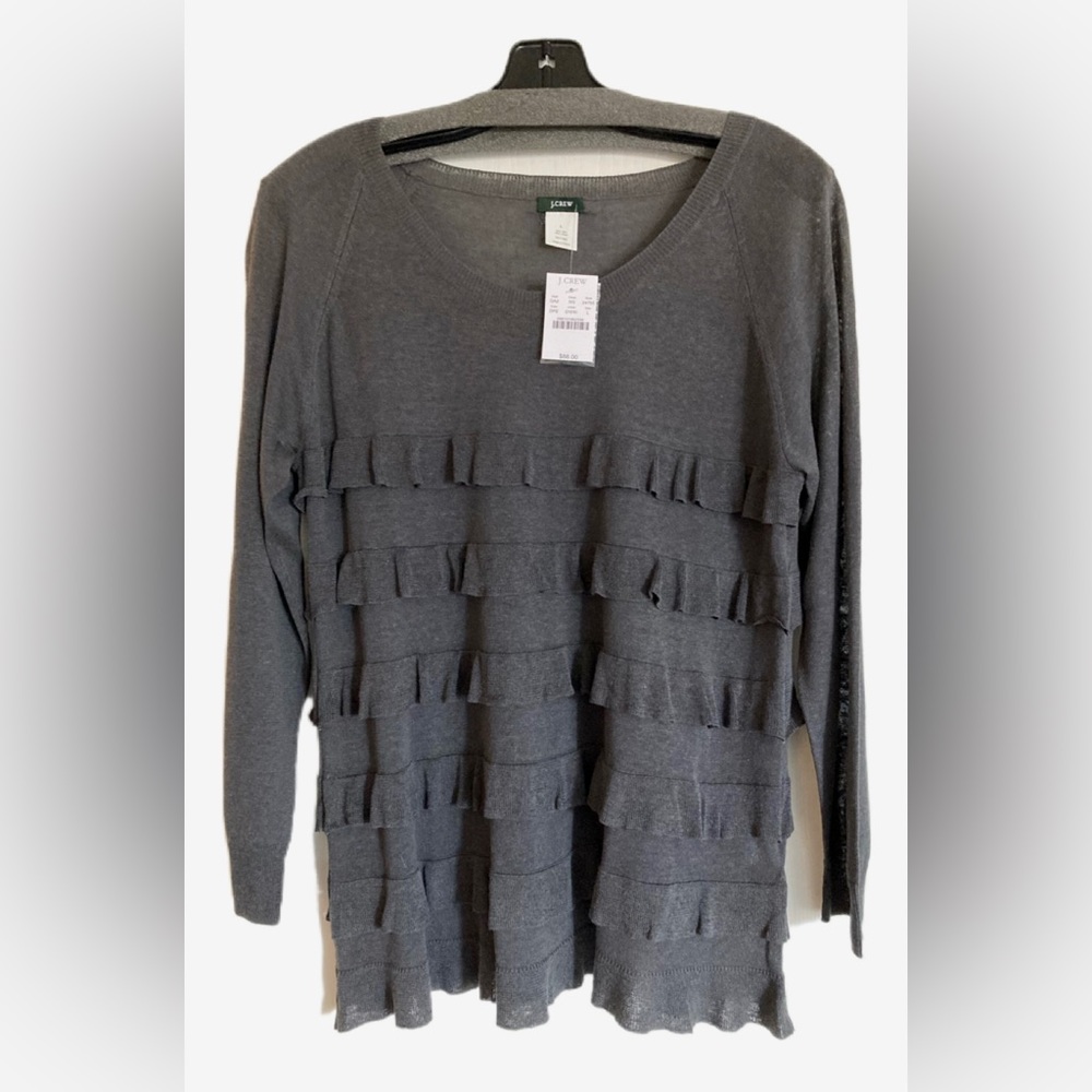 J. Crew Grey ruffled Long Sleeve Top. Perfect for Fall. NWT. Size Large. Cozy.